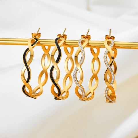 Edelstahl Creolen Für Damen Vergoldet C-Form Gewebt Geometrisch Strass Eingelegt Twist Ohrstecker Schmuck