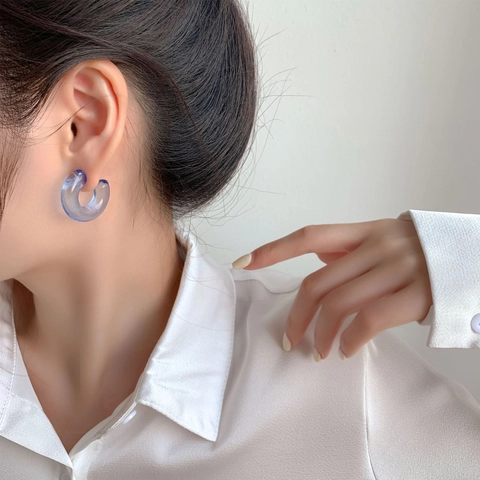 C-Shaped Hoop Earrings For Women Transparent Jelly Color Geometric Resin Jewelry With Stainless Steel Earring Post