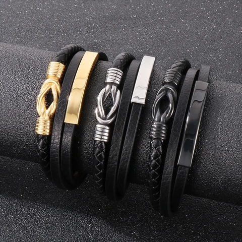 Bracciale Uomo Pelle Intrecciata Multistrato Acciaio Inossidabile Chiusura Magnetica Nodo Intrecciato Gioielli Moda Accessorio