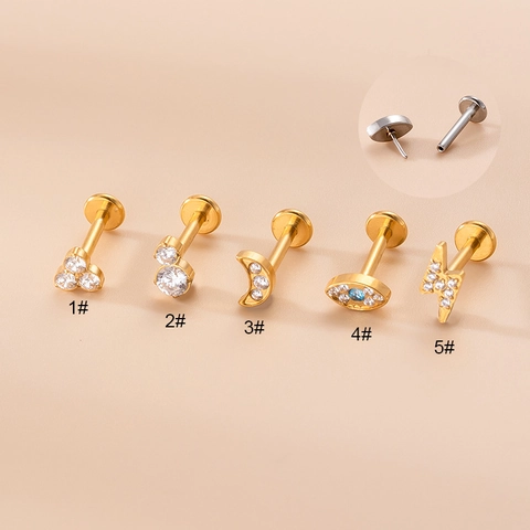 Κοσμήματα Piercing Χείλους Labret Από Ανοξείδωτο Ατσάλι Με Ζιργκόν Επίπεδη Πίσω Πλευρά Γεωμετρικό Φεγγάρι