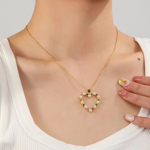 Heart Pendant Necklace 18K Gold Plated Copper With Colorful Zircon And White Artificial Pearls For Women Elegant Jewelry Gift