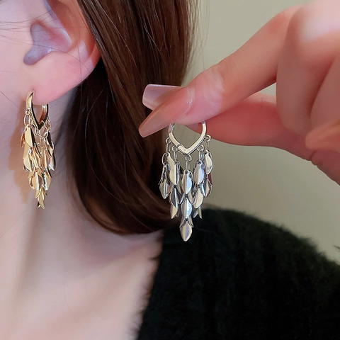 Leaf Tassel Huggie Earrings With Silver Earring Post Copper Metal Wheat Ear Shaped Dangle Jewelry For Women Elegant