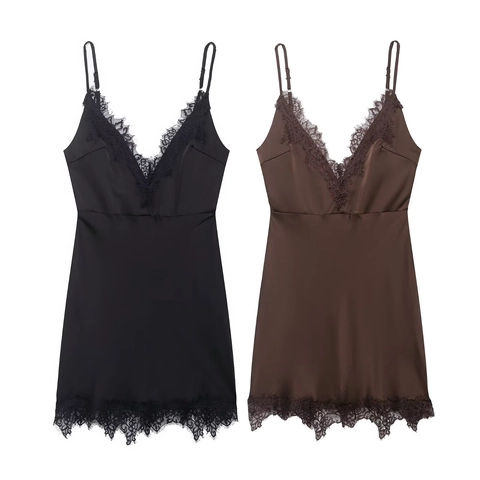 Camicia Da Notte In Raso Da Donna Con Bordo In Pizzo Scollo A V Spalline Sottili Regolabili Mini Vestito Sexy