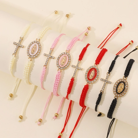Jungfrau Maria Kreuz Religiöse Bettelarmbänder Geflochtenes Seil Kunstperle Legierung Strass Schmuck Für Damen Herren