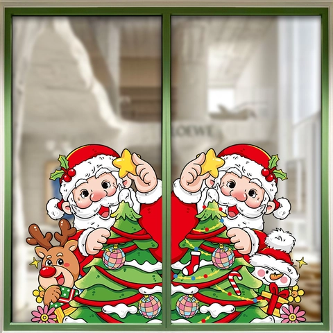 Christmas Window Stickers Static Cling Santa Claus Reindeer Snowman Xmas Tree Double Sided PVC Holiday Glass Door Decoration
