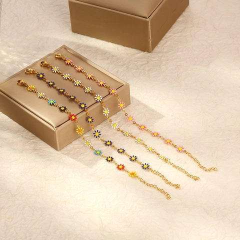 Zoete Madeliefje Armband Roestvrij Staal 18K Verguld Emaille Bloemen Schakelketting Verstelbare Sieraden Voor Dames