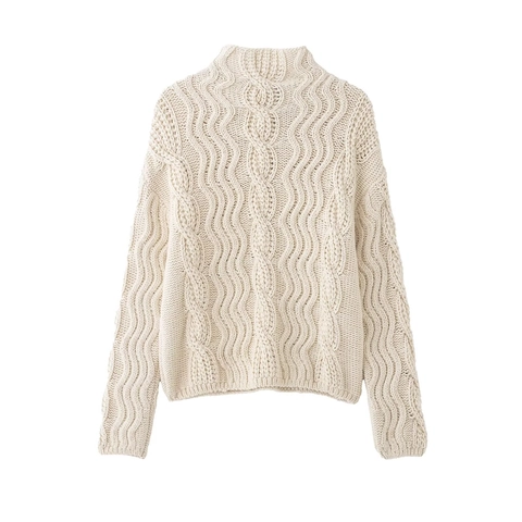 Jersey De Punto Trenzado Mujer Cuello Alto Grueso Cálido Invierno Manga Larga Elegante Crema