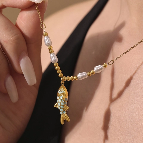 Edelstahl Emaille Koi Fisch Anhänger Halskette Und Ohrringe Künstliche Perle Schmuck Für Damen Mode Tier Stil Accessoire