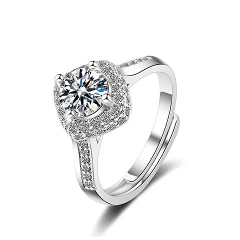 Elegant Adjustable Halo Setting Round Zirconia Copper Open Ring For Women Silver Tone Geometric Fashion Commuter Jewelry