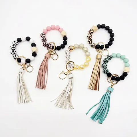 Pulsera Llavero De Cuentas De Silicona Con Cuenta De Madera Hexagonal Y Borla De Cuero PU Llavero De Leopardo Mujer
