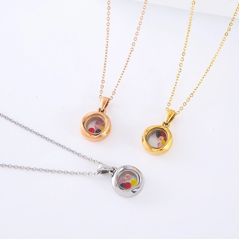 Floating Locket Necklace Round Glass Pendant With Colorful Floating Crystals 304 Stainless Steel Chain Jewelry For Women
