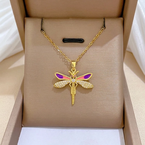 Libelle Hanger Ketting Emaille Vleugels Kleurrijk Micro Zirkoon Ingelegd Titanium Stalen Ketting Elegant Voor Dames