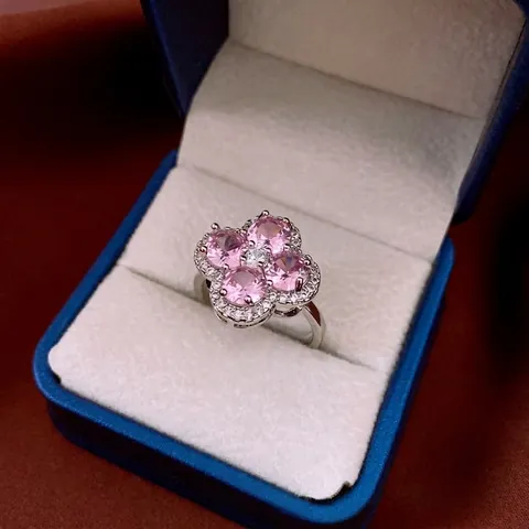 Clover Shape Adjustable Ring Copper Material Pink Heart Zirconia Flower Design Elegant Finger Jewelry For Women
