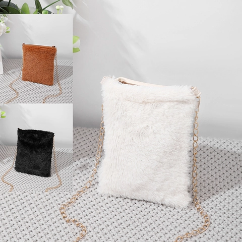 Women Mini Crossbody Bag Plush Faux Fur Golden Chain Strap Small Shoulder Mobile Phone Pouch Casual Fashion