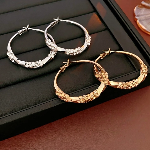 Luxury Twisted Metal Hoop Earrings for Women Gold Silver Plated Rhinestone Geometric Spiral Earrings 925 Sterling Silver Post Jewelry