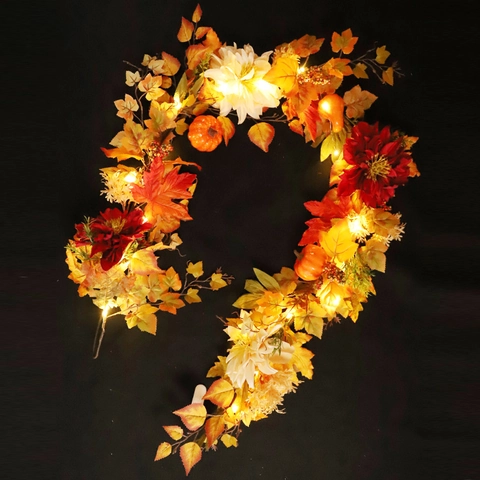 Artificial Maple Leaf Garland Autumn Flower Vine With Pumpkins Berries For Thanksgiving Halloween Christmas Home Decor
