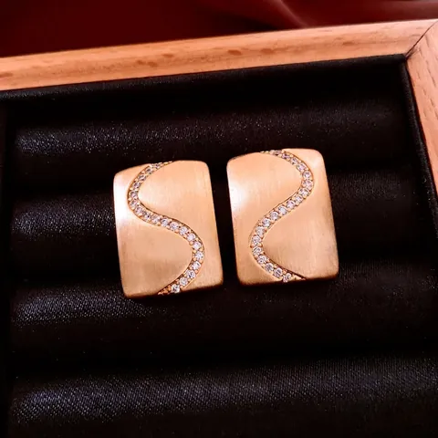 Geometric Rectangular Stud Earrings Brushed Brass With 925 Sterling Silver Earring Post S-Curve Cubic Zirconia Women