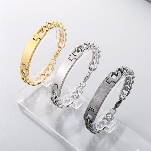 Stainless Steel ID Bracelet Minimalist Smooth Bar Cuban Chain Hip Hop Streetwear Jewelry For Men And Women