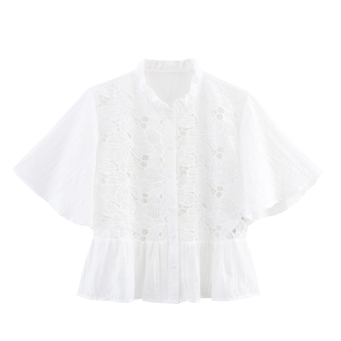 Camicetta Dolce Bianca Da Donna Con Patchwork Di Pizzo Maniche Corte Con Volant Risvolto Bottoni Camicia Casual Top