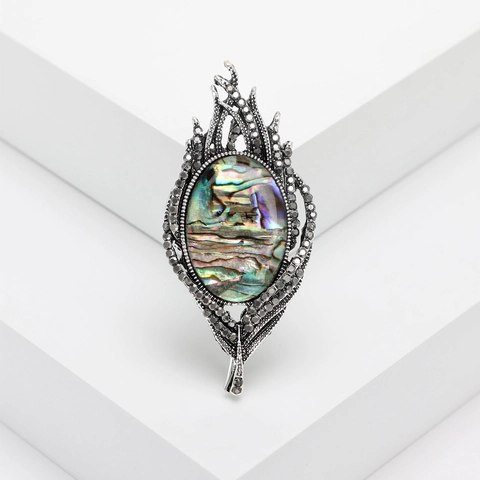 Vintage Abalone Shell Feather Brooch For Women High Grade Alloy Rhinestone Suit Collar Pin Elegant Jewelry Accessories Gift