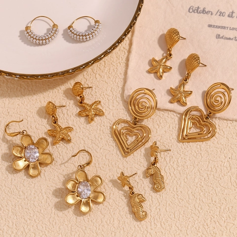 Pendientes De Acero Inoxidable Chapados En Oro De 18K Estrella De Mar Caballito Corazón Flor Circón Perla Artificial Joyas Mujer