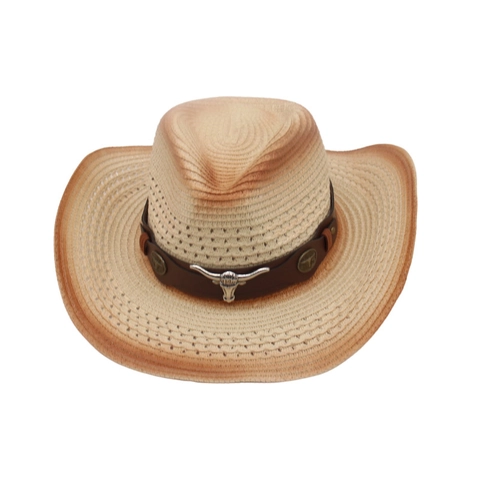 Western Cowboy Straw Hat Breathable Wide Brim Sun Protection Vintage Ethnic Bull Head Decor Leather Band Windproof Rope