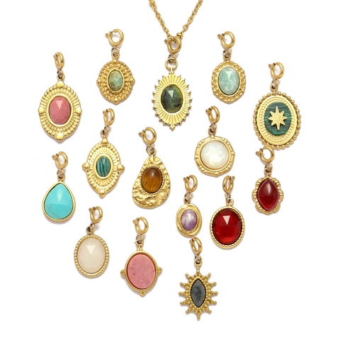 Dijes Colgantes Vintage Para Hacer Joyas Acero Inoxidable Piedra Natural Gota De Agua Ovalado Accesorios DIY