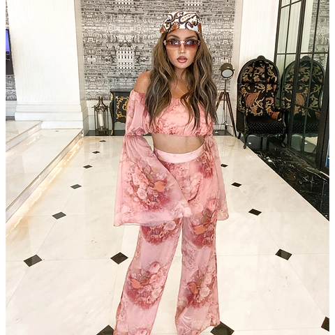 Women Chiffon Floral Print Off Shoulder Crop Top And High Waisted Wide Leg Pants Bohemian Vacation Style