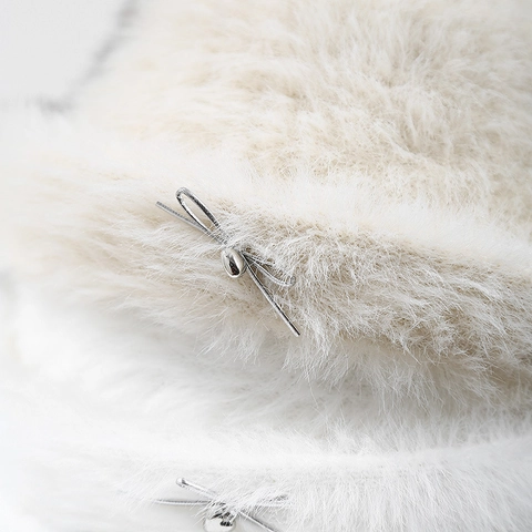 Plush Bucket Hat Faux Rabbit Fur Metal Bow Autumn Winter Warm French Retro Elegant For Women