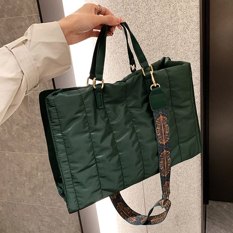 Große Gesteppte Nylon Tragetasche Vintage Ethno Muster Breiter Gurt Schulter Handtasche Koreanischer Stil Damen