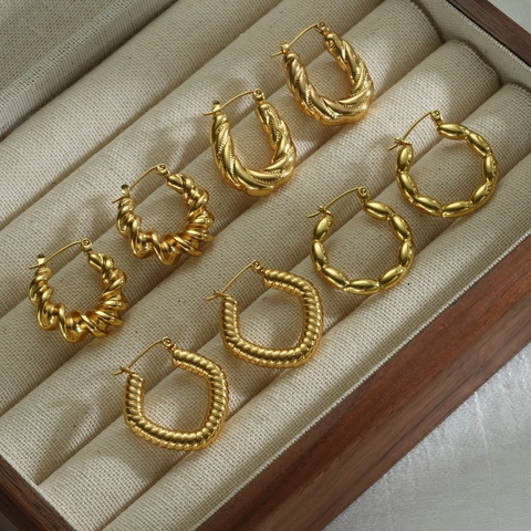 Roestvrij Stalen Oceaan Stijl Gedraaide Oorbellen Goud Verguld Spiraal Textuur U-Vorm Ovaal Geometrische Sieraden Dames