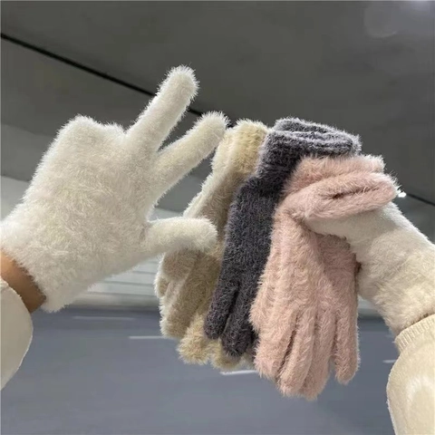 Women Winter Warm Gloves Faux Mink Fur Full Finger Thick Plush Solid Color Outdoor Cycling Elegant