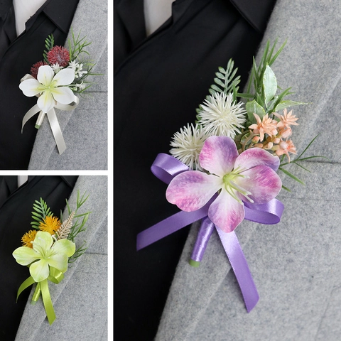Artificial Satin Flower Boutonniere Jasmine Ball With Ribbon Bow Wedding Groom Groomsmen Business Banquet Formal Accessory