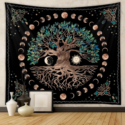 Bohemian Wall Tapestry Moon Phase Tree Of Life Mystical Aesthetic Floral Botanical Polyester Fabric Hanging Decor