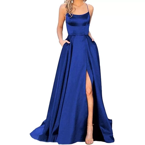 Elegante Vestido de Noche de Satén con Tirantes Finos y Abertura Alta Sexy Color Sólido Largo de Gala para Mujer