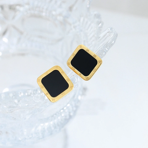 Square Stud Earrings Titanium Steel 18K Gold Plated Black Acrylic Roman Numeral Retro Minimalist Women Jewelry