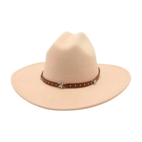 Vintage Western Cowboy Hat Felt Wide Brim Fedora With Leather Belt Silver Stars Rivets Unisex Outdoor Sun Protection
