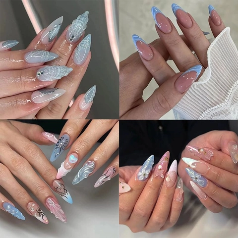 Τεχνητά Νύχια Press On Nails 3D Long Stiletto Με Κόλλα Jelly Κοχύλι Τεχνητό Μαργαριτάρι Στρας Y2K Style Μεταλλικό Ντεγκραντέ Γυναίκες