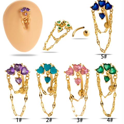 Stainless Steel Heart Zirconia Belly Ring Dangle Chain Heart Shaped Navel Piercing Jewelry For Women Piercing Accessory