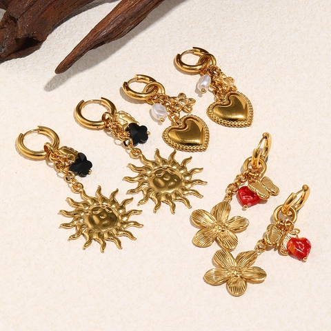 Hängeohrringe Edelstahl 18K Vergoldet Sonne Blume Schmetterling Herz Anhänger Emaille Schmuck Für Damen Ins Stil
