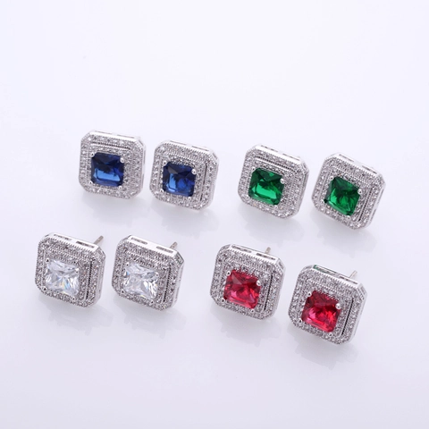 Square Princess Cut Zirconia Stud Earrings For Women Copper Geometry Halo Inlaid Earrings Elegant Classic Jewelry Accessories