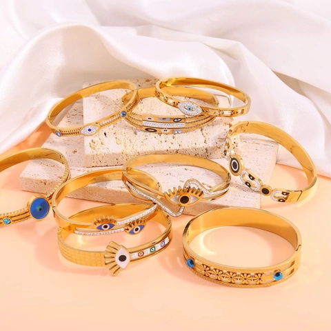 Fashion Evil Eye Stainless Steel Bracelet For Women Gold Plated Rhinestone Enamel Bangle Adjustable Retro Jewelry Gift