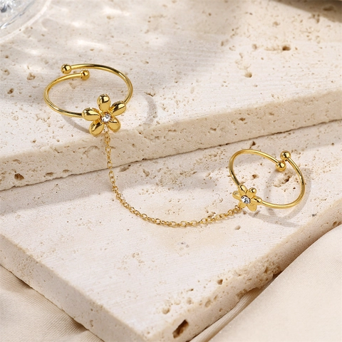 Edelstahl Vergoldet Schleife Blume Kristall Doppelring Mit Kette Verstellbar Süßer Mode Schmuck Für Damen