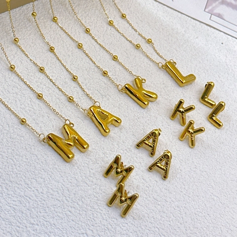 Bubble Initial Halskette Und Ohrringe Edelstahl Vergoldet Puffy Alphabet Buchstaben Schmuck Für Damen Elegant