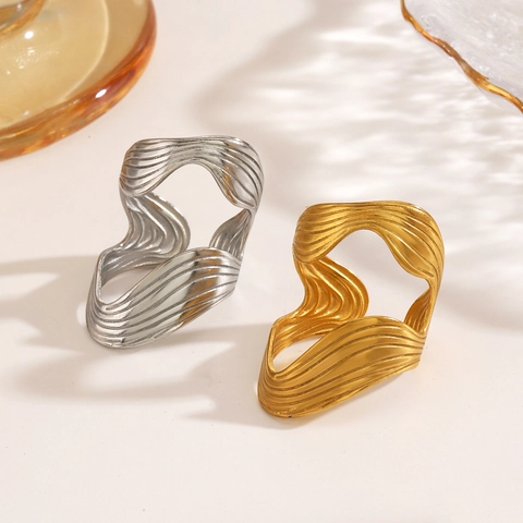 Anillo de Acero Inoxidable de Línea Ondulada Irregular de Moda para Mujer Anillo de Declaración Geométrico Ajustable Abierto Joyería