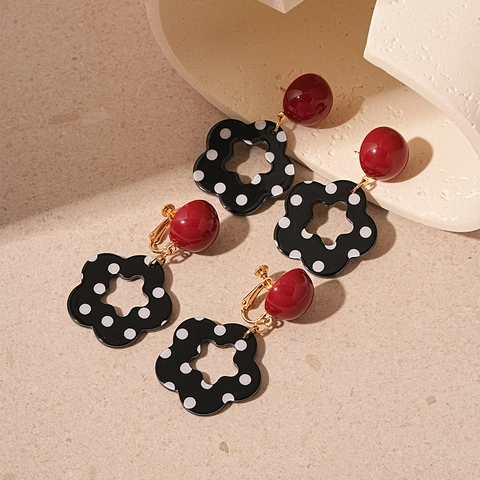 Vintage Polka Dot Flower Drop Earrings For Women Acrylic Floral Dangle Jewelry With Silver Earring Post