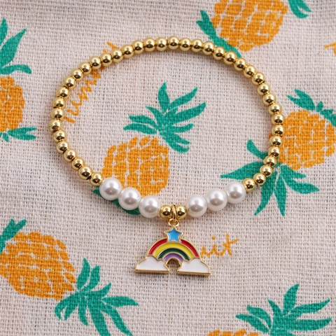 Pulsera Con Colgante De Estrella De Arco Iris De Moda Cuentas De Cobre Chapadas En Oro Perla Artificial De Imitación Joyería Elástica Para Mujeres