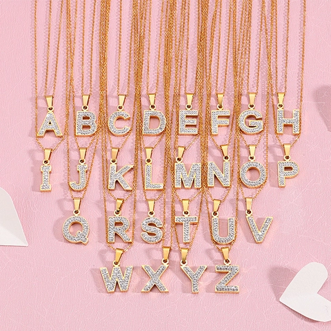 Alphabet Initial Letter Pendant Necklace Stainless Steel Gold Plated Cubic Zirconia Pavé Iced Out Dainty Jewelry Women