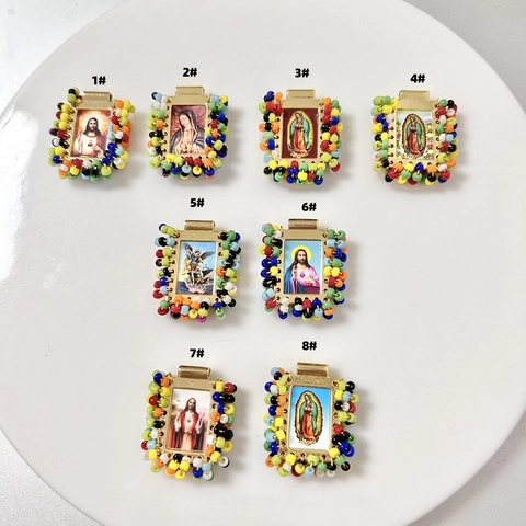 Religious Pendant Virgin Mary Jesus Icon Copper 18K Gold Plated Hand Woven Colorful Beaded Square Jewelry Accessories Women