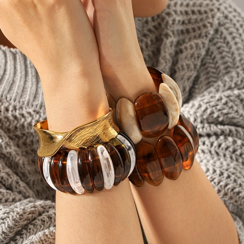 Brazalete Ancho Vintage Para Mujer Retro Textura Ondulada Aleación Y Resina De Ámbar Marmoleado Joyería De Mano Acrílica
